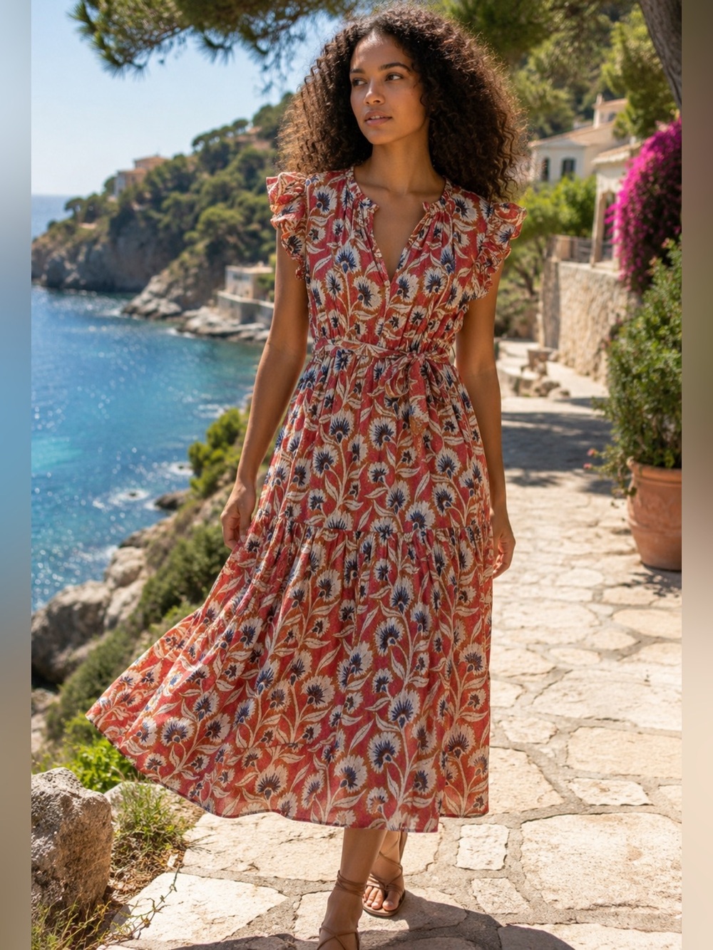 NWT OMIKA Billie ruffle sleeve midi everly currant print dress S